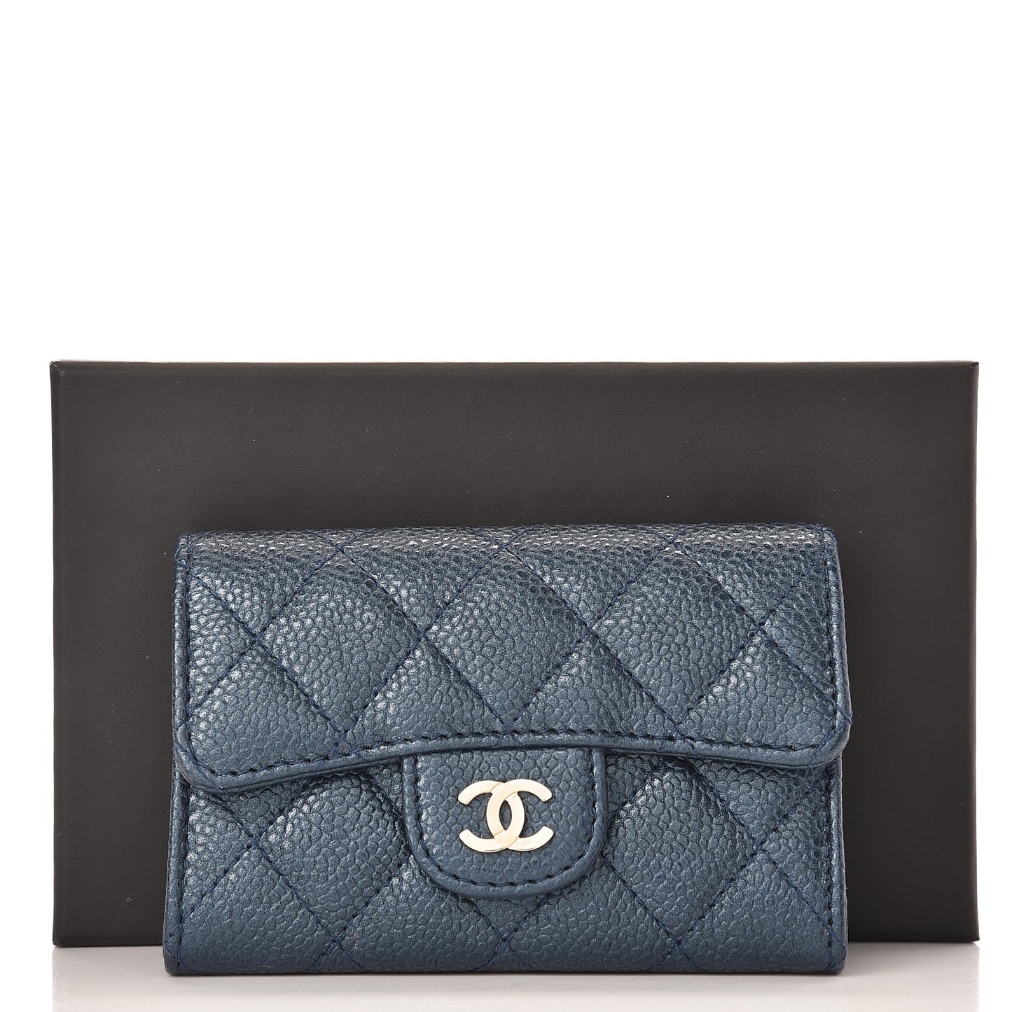 Metallic Caviar Quilted Card Holder Blue