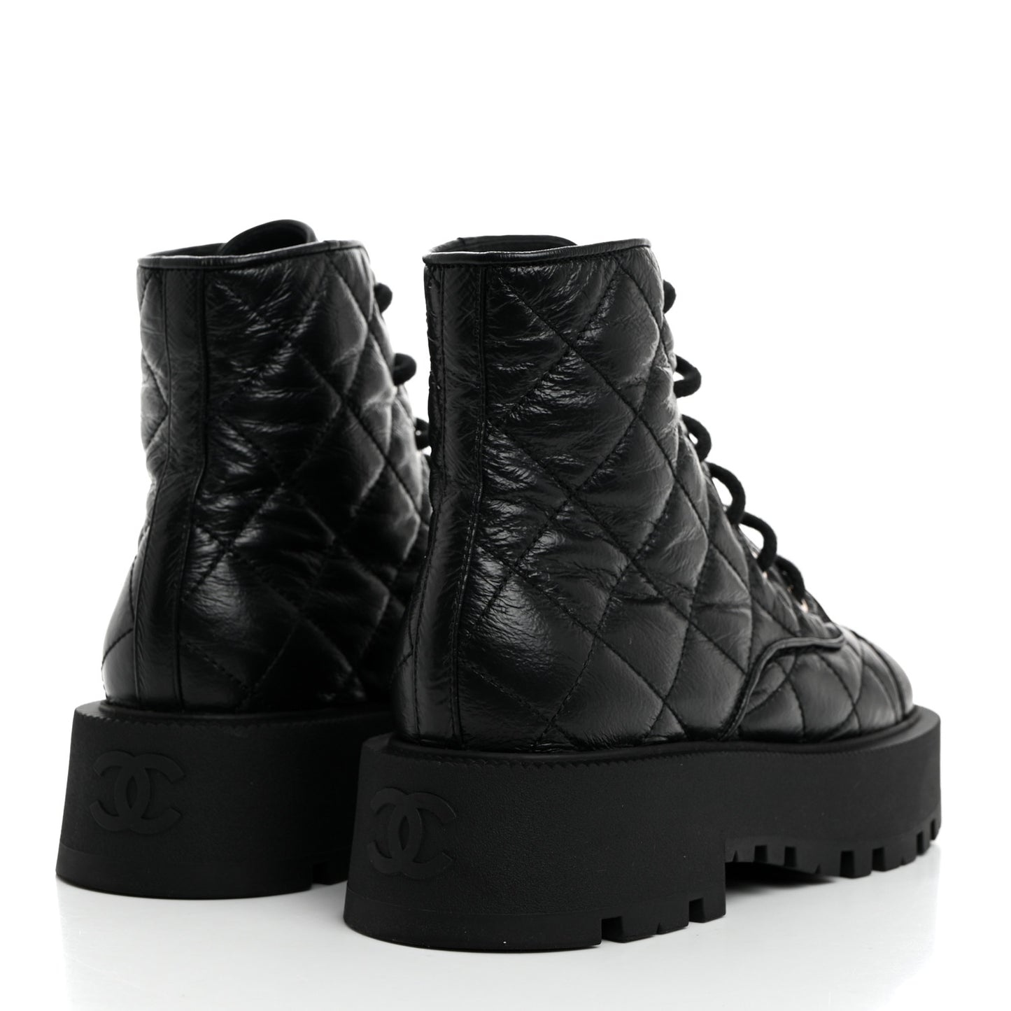 Crumpled Lambskin Quilted Platform Lace Up Combat Boots 37 Black