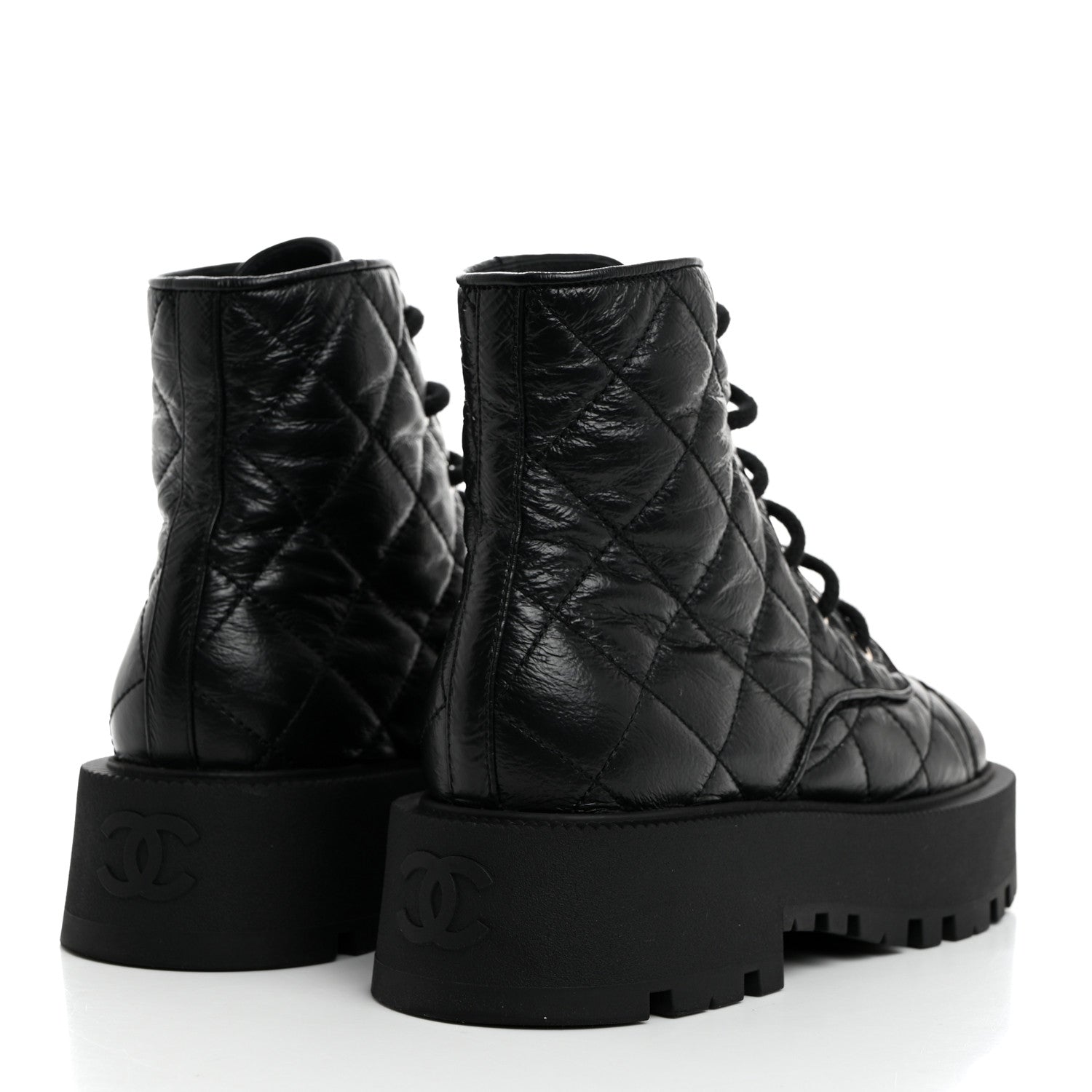 Chanel Crumpled Lambskin Quilted Platform Lace Up Combat Boots 37 Black 4 of 9
