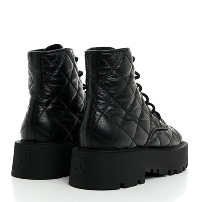 Chanel Crumpled Lambskin Quilted Platform Lace Up Combat Boots 37 Black 4 of 9