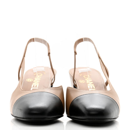 Chanel Lambskin Cap Toe CC Slingback Pumps 36.5 Dark Beige Black 3 of 20