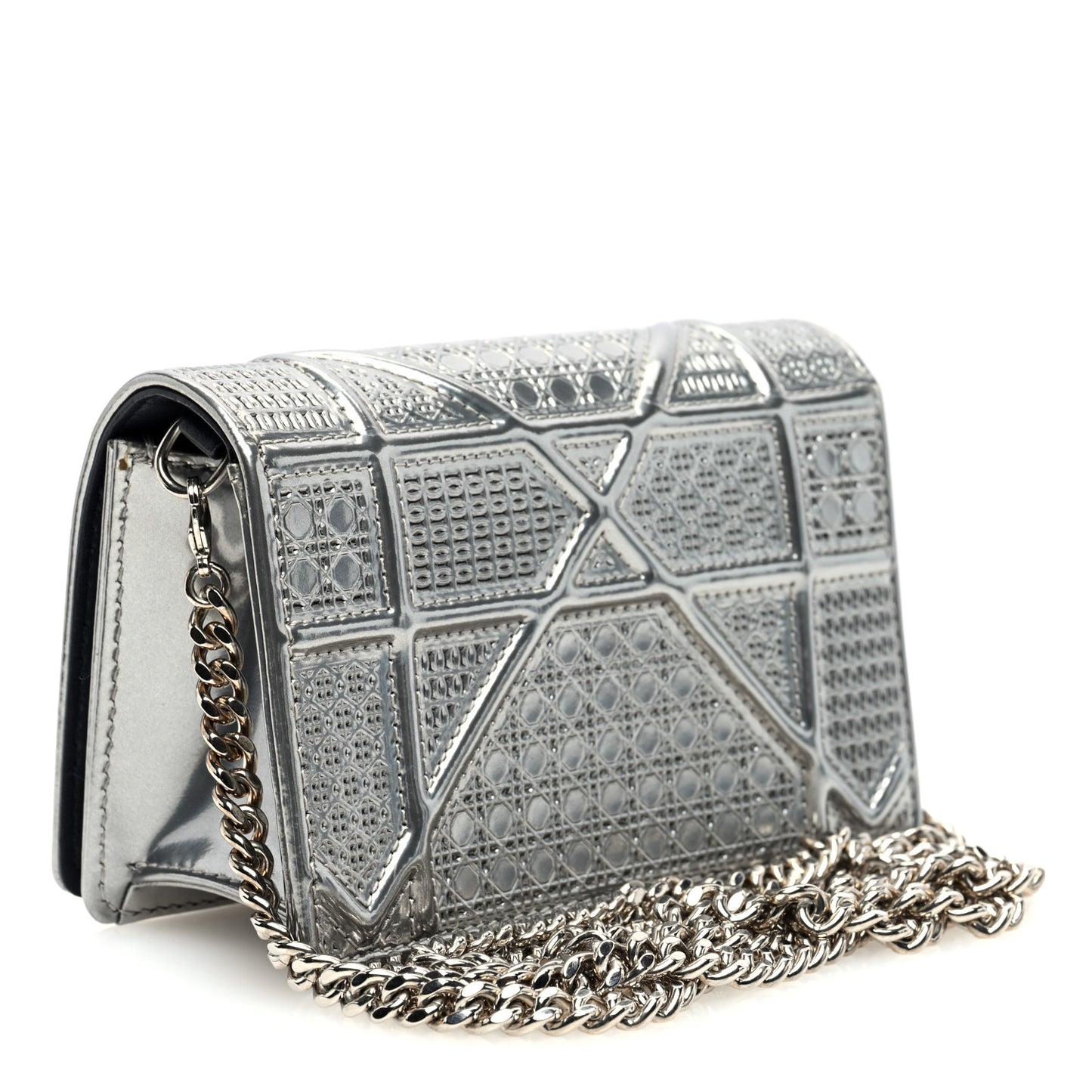 Metallic Patent Micro-Cannage Diorama Wallet on Chain Pouch Silver