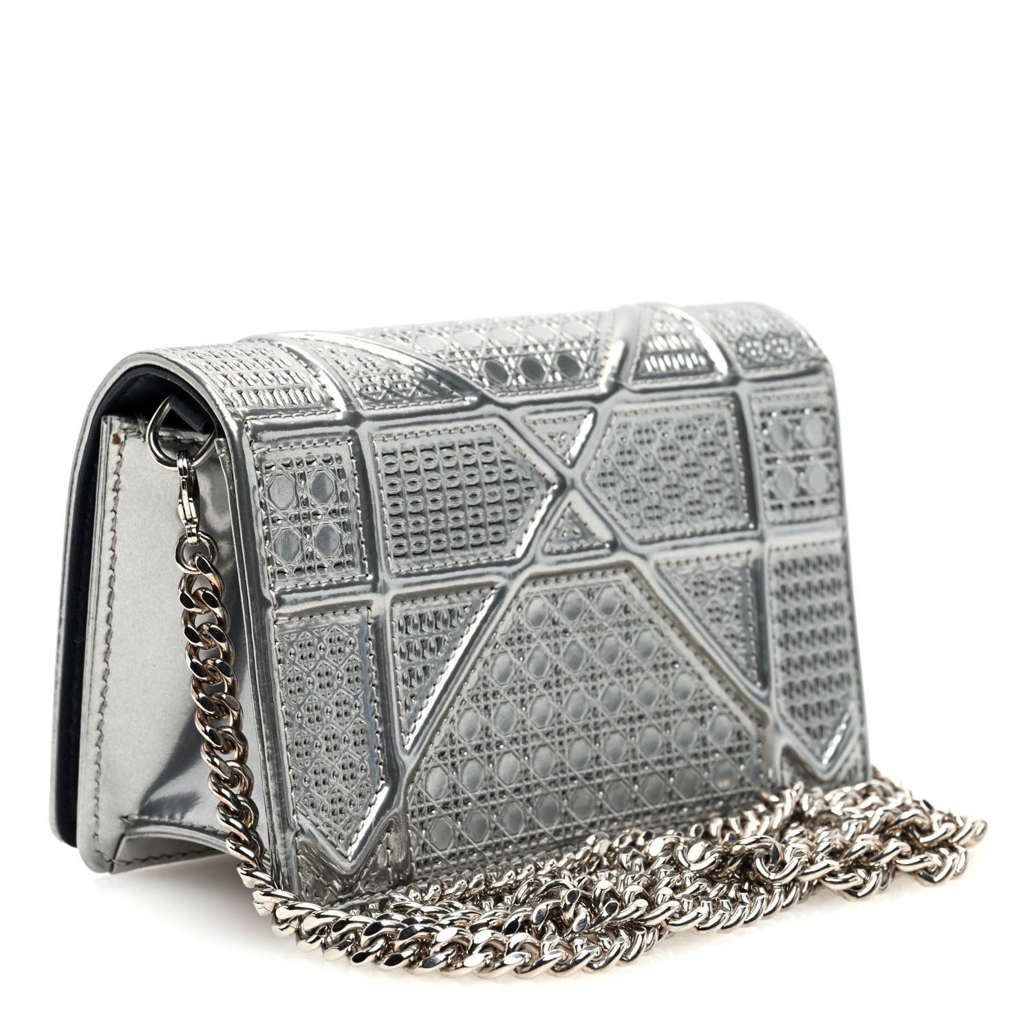 Christian Dior Metallic Patent Micro-Cannage Diorama Wallet on Chain Pouch Silver 3 of 9