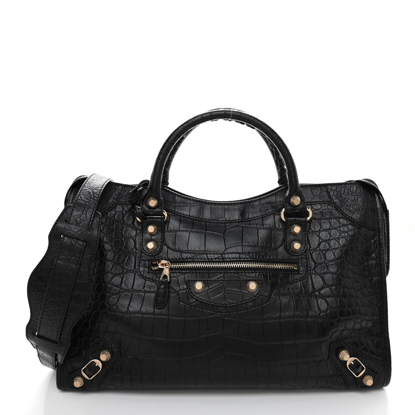 Calfskin Crocodile Embossed Giant 12 Gold Hardware City Black