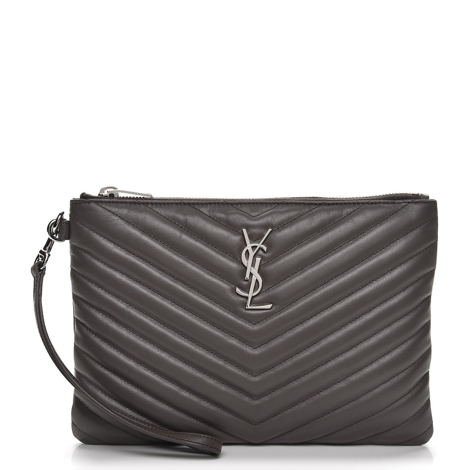 Saint Laurent Calfskin Matelasse Chevron Monogram A5 Wristet Earth 1 of 7