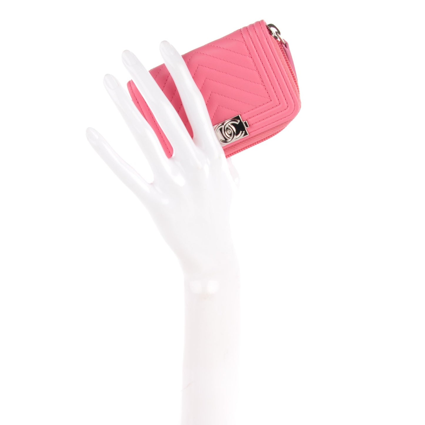 Calfskin Chevron Zip Around Boy Coin Purse Wallet Pink