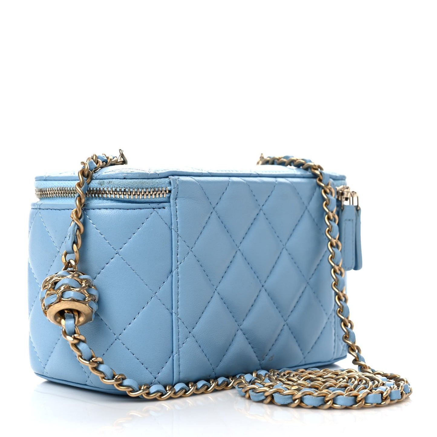 Lambskin Quilted Pearl Crush Small Vanity Case With Chain Light Blue