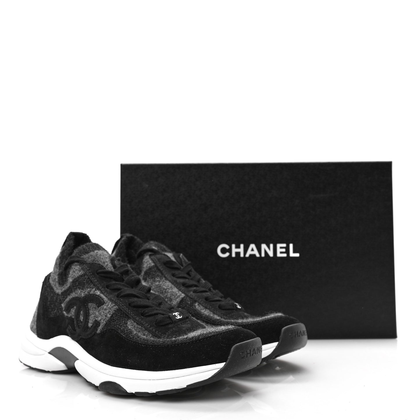 Knit Fabric Suede Calfskin Womens CC Sneakers 39.5 Grey Black