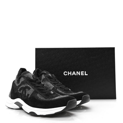 Chanel Knit Fabric Suede Calfskin Womens CC Sneakers 39.5 Grey Black 7 of 7