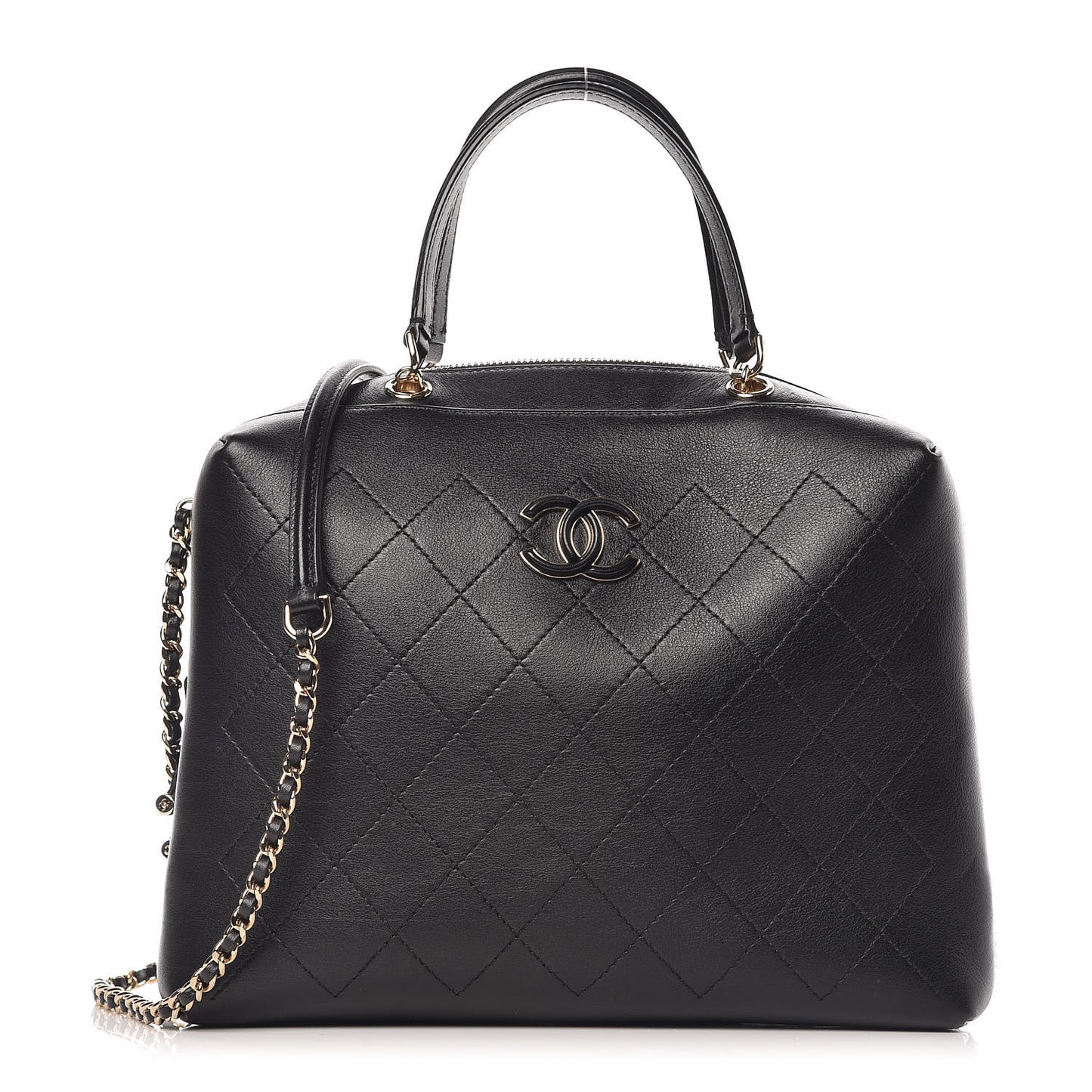 Calfskin Stitched Sleek Box Top Handle Vanity Bag Black