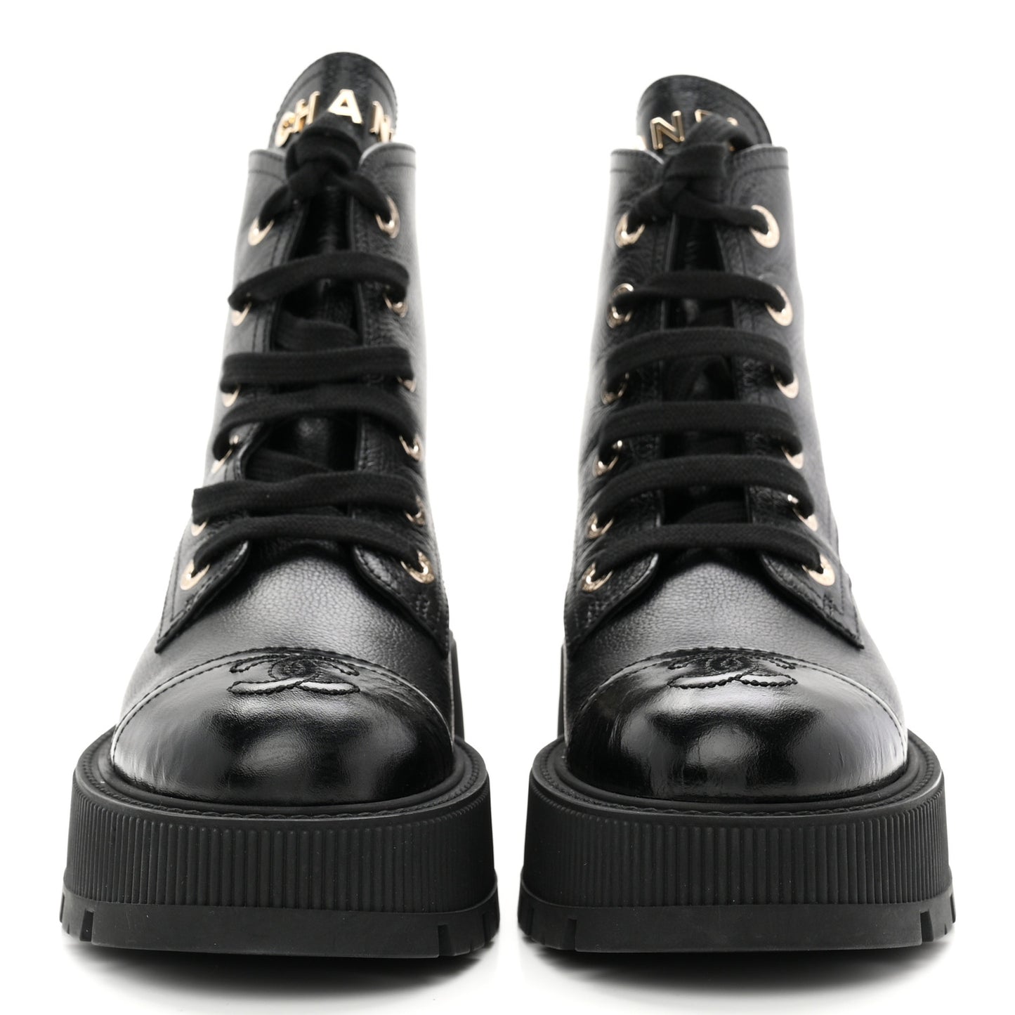 Grained Calfskin Shiny Calfskin CC Lace Up Combat Boots 36.5 Black