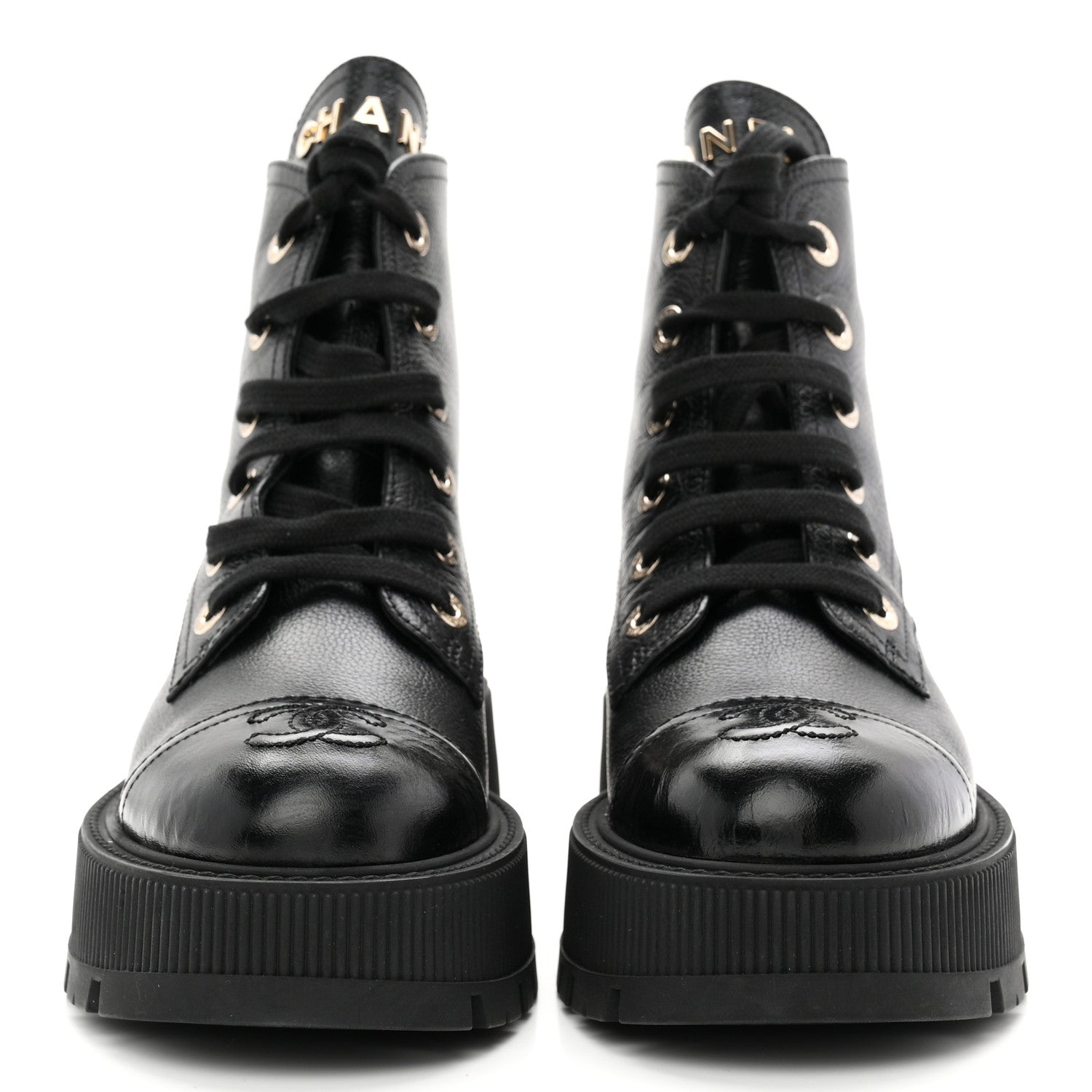 Chanel Grained Calfskin Shiny Calfskin CC Lace Up Combat Boots 36.5 Black 3 of 10
