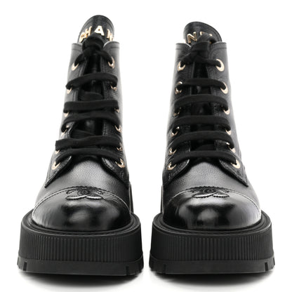 Chanel Grained Calfskin Shiny Calfskin CC Lace Up Combat Boots 36.5 Black 3 of 10