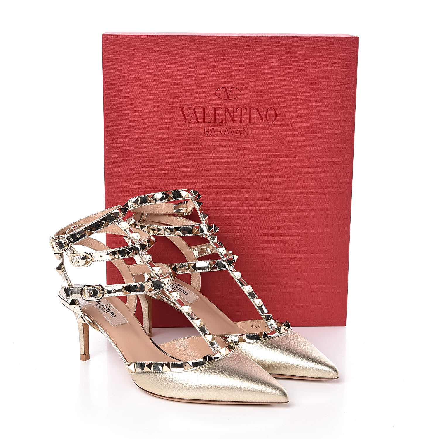 Valentino Garavani Metallic Pebbled Calfskin Patent Rockstud Ankle Strap 65mm Pumps 37.5 Skin 9 of 9