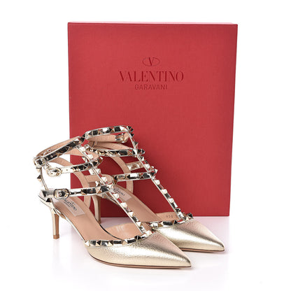 Valentino Garavani Metallic Pebbled Calfskin Patent Rockstud Ankle Strap 65mm Pumps 37.5 Skin 9 of 9