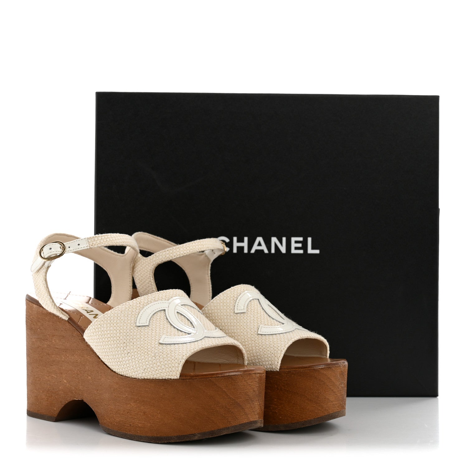 Chanel Fabric Patent Calfskin Platform Wedge Sandals 37 Ivory White 10 of 10