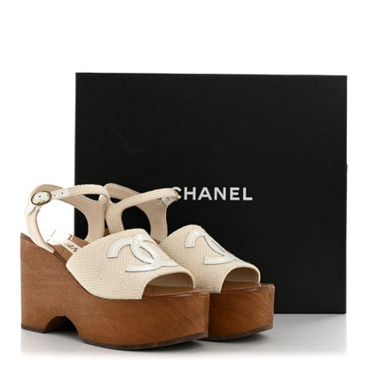 Chanel Fabric Patent Calfskin Platform Wedge Sandals 37 Ivory White 10 of 10