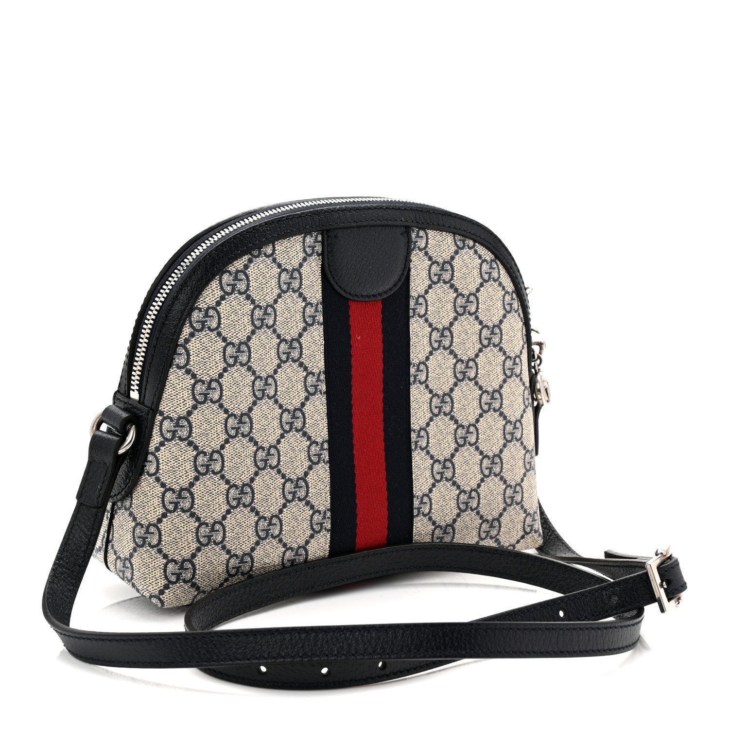 Gucci GG Supreme Monogram Textured Dollar Calfskin Web Small Ophidia Dome Shoulder Bag Beige Blue 3 of 11