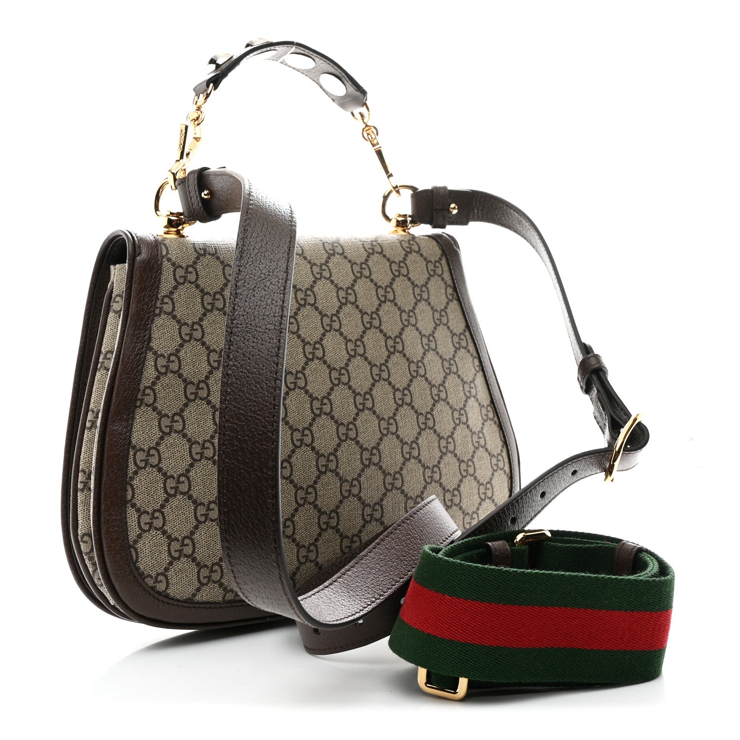 Gucci GG Supreme Monogram Textured Dollar Calfskin Web Medium Blondie Top Handle Shoulder Flap Bag Beige Ebony New Acero 3 of 11