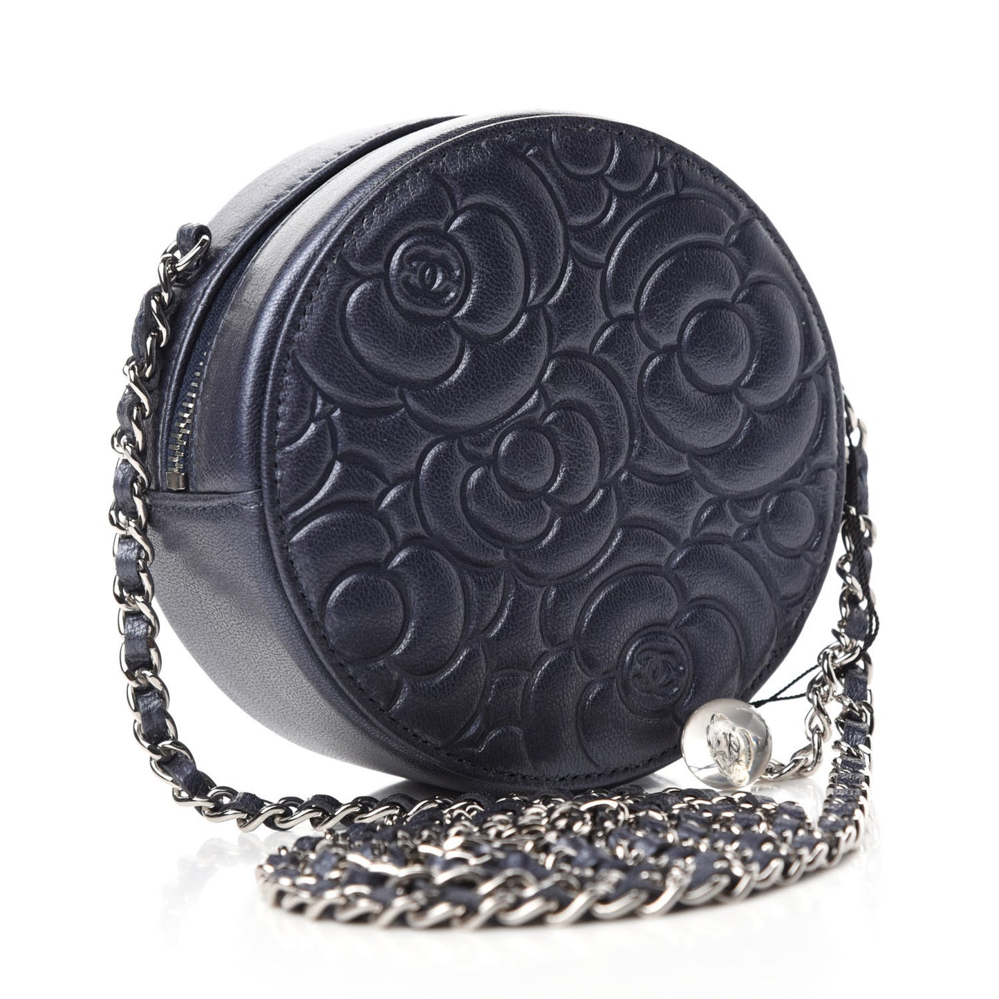 Goatskin Camellia Embossed Round Clutch With Chain Dark Blue