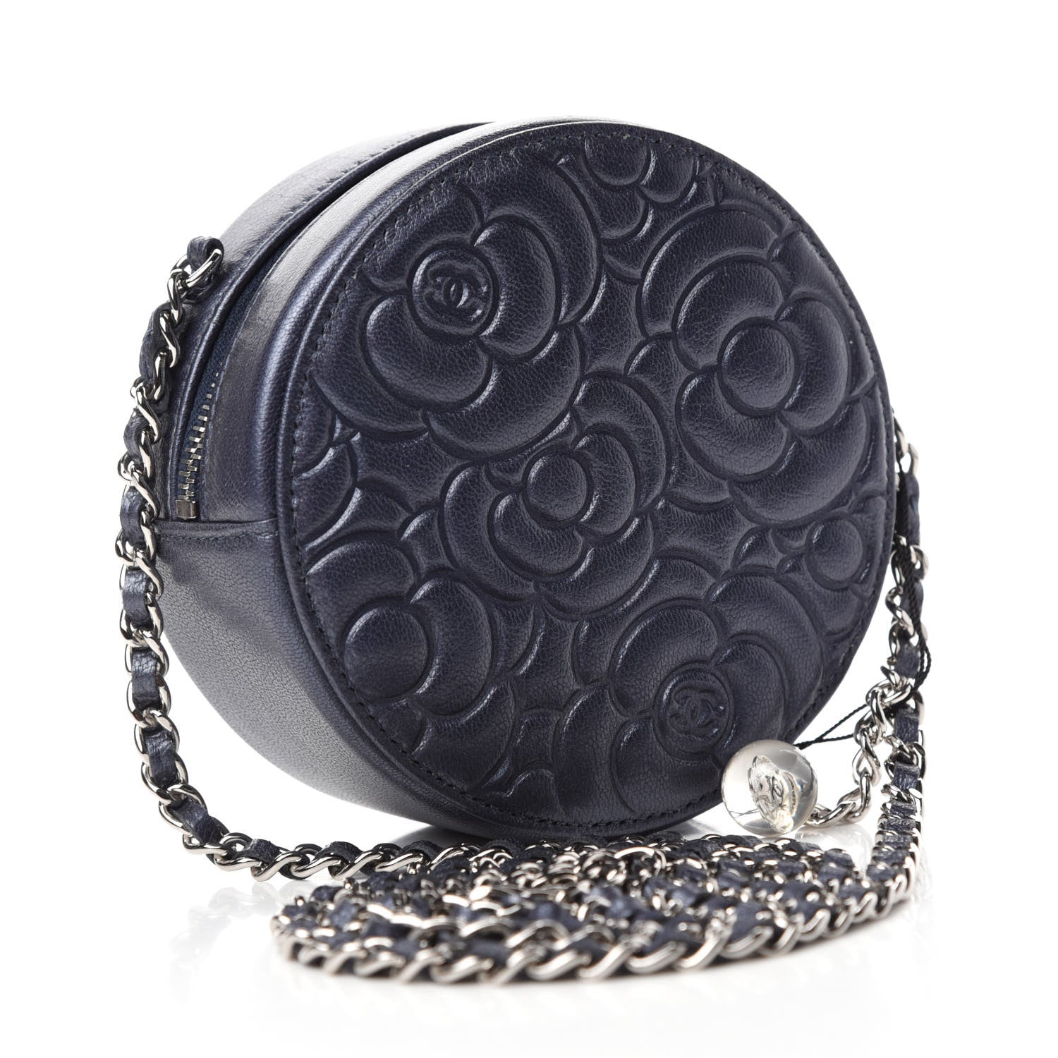 Chanel Goatskin Camellia Embossed Round Clutch With Chain Dark Blue 3 of 12