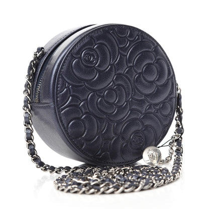 Chanel Goatskin Camellia Embossed Round Clutch With Chain Dark Blue 3 of 12