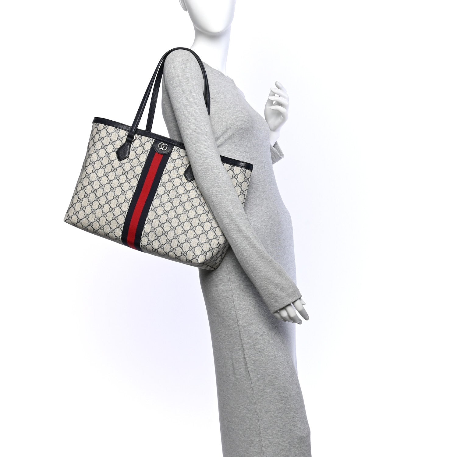 Gucci GG Supreme Monogram Textured Calfskin Web Medium Ophidia Shopping Tote Beige Blue 2 of 10