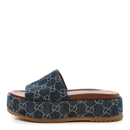 Gucci New Denim GG Monogram Angelina Platform 55mm Slide Sandals 37.5 Blue Tea 1 of 12
