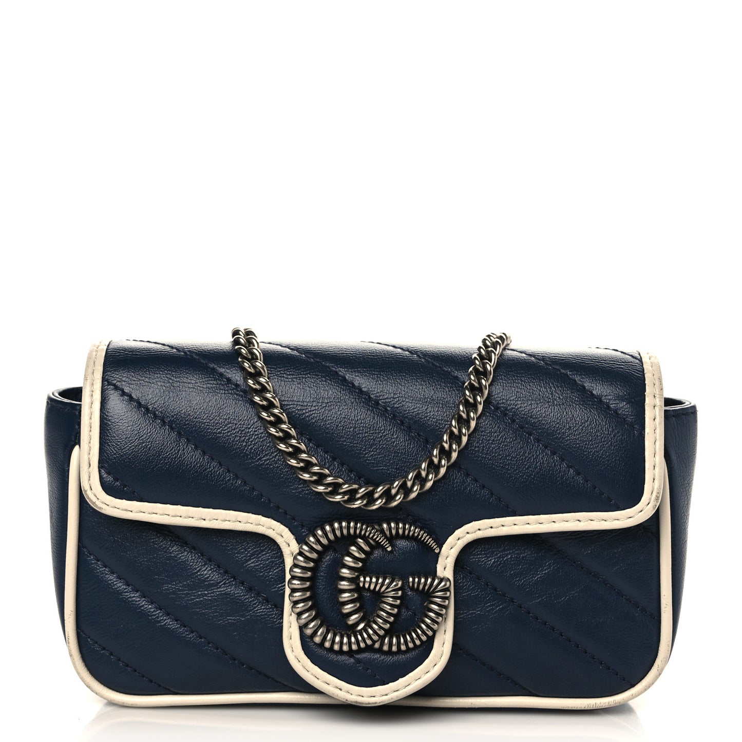 Vintage Effect Calfskin Matelasse Diagonal Super Mini Torchon GG Marmont Shoulder Bag Blue Agata Mystic White