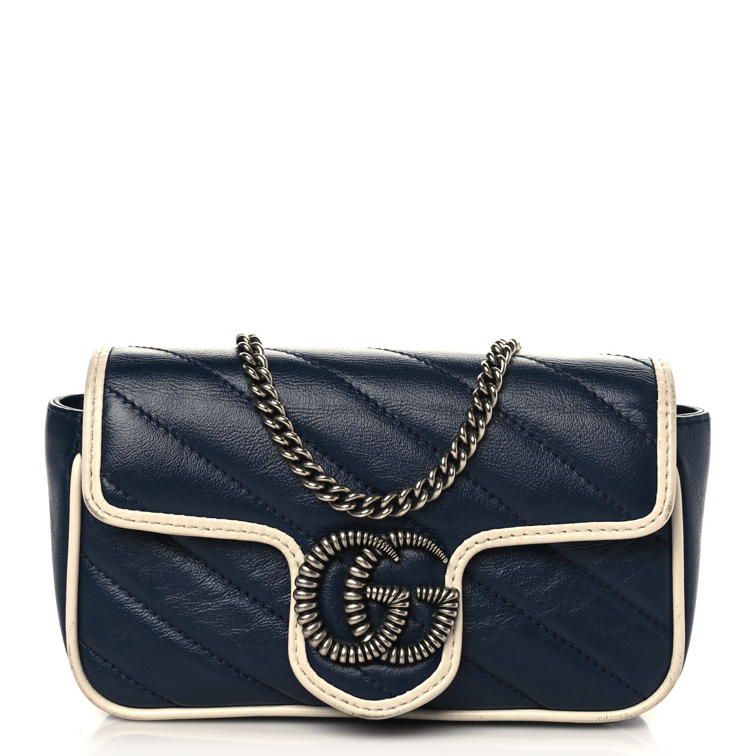 Gucci Vintage Effect Calfskin Matelasse Diagonal Super Mini Torchon GG Marmont Shoulder Bag Blue Agata Mystic White 2 of 13