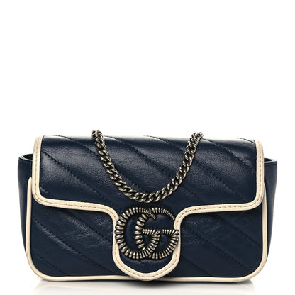 Gucci Vintage Effect Calfskin Matelasse Diagonal Super Mini Torchon GG Marmont Shoulder Bag Blue Agata Mystic White 2 of 13