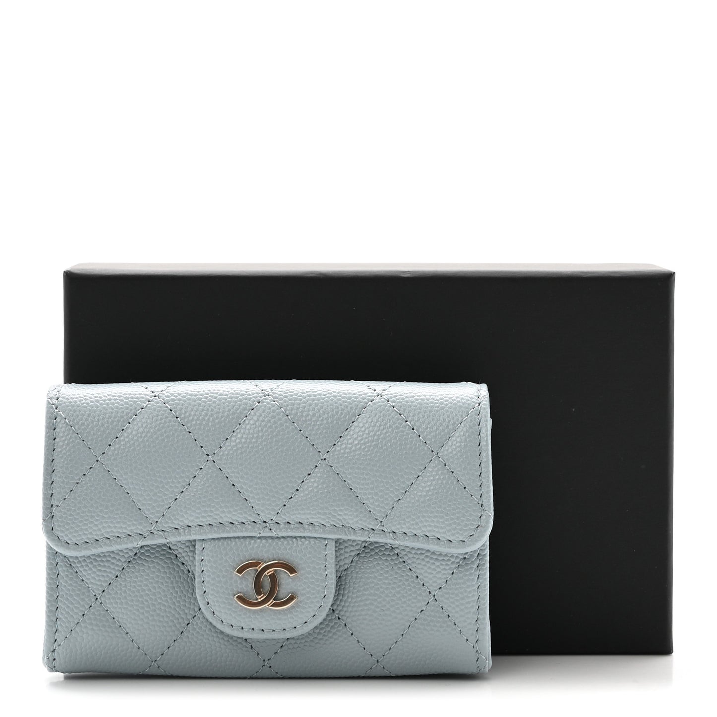 Caviar Quilted Flap Card Holder Wallet Light Blue