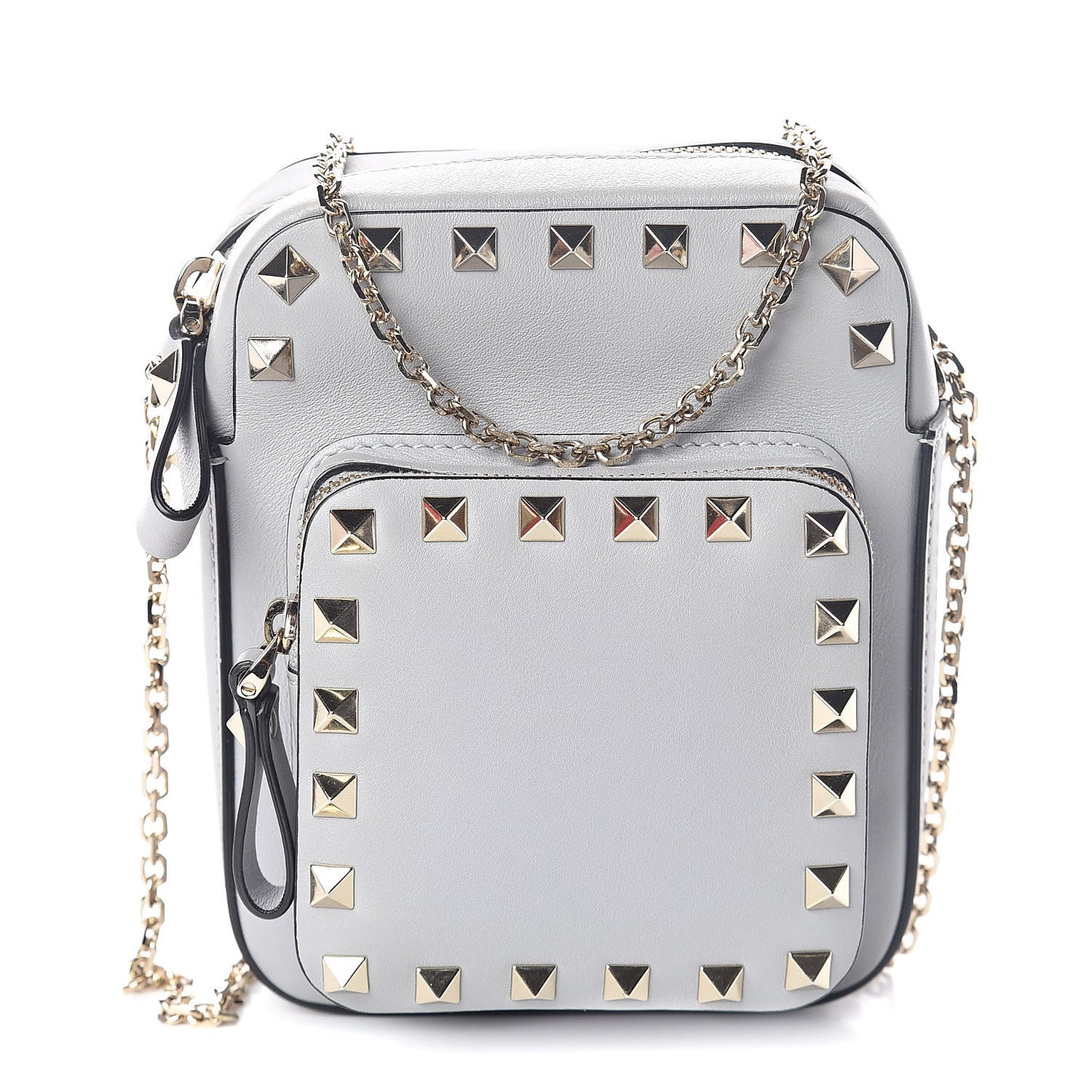 Calfskin Rockstud Double Pocket Chain Crossbody Bag Grey