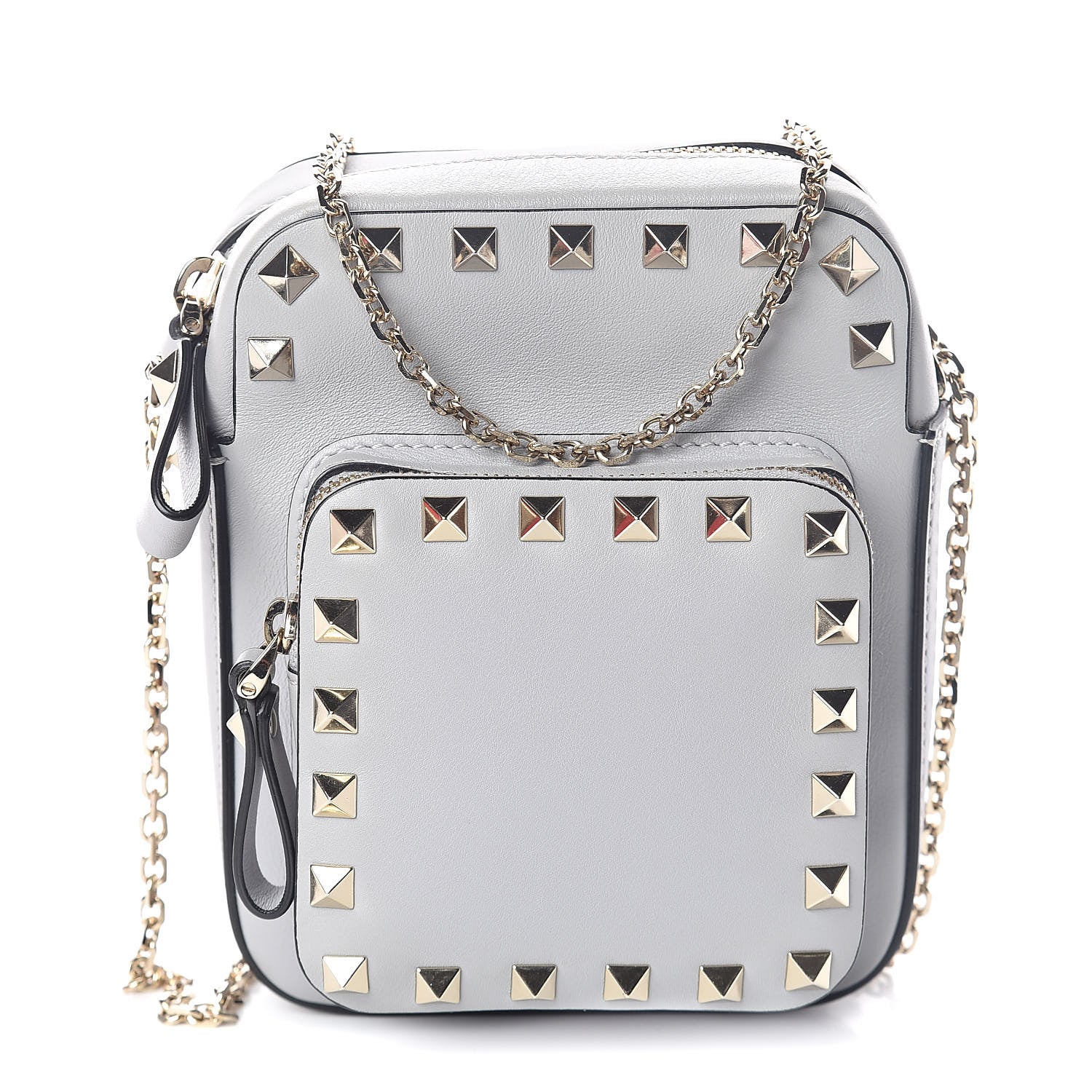 Valentino Garavani Calfskin Rockstud Double Pocket Chain Crossbody Bag Grey 1 of 9