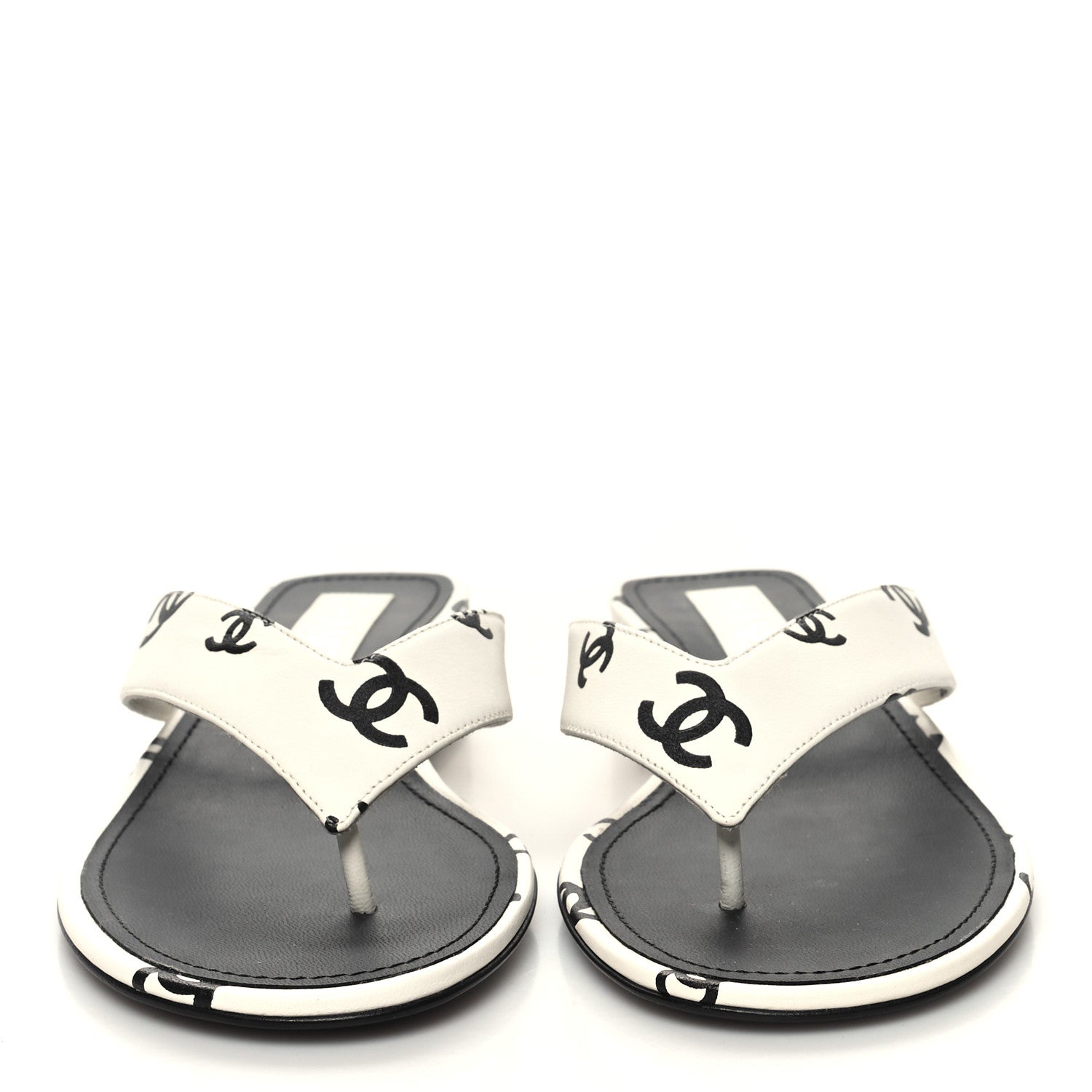 Chanel Lambskin Printed CC Thong Sandals 38 White Black 2 of 9