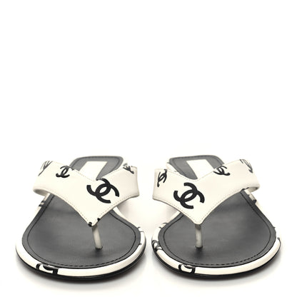 Chanel Lambskin Printed CC Thong Sandals 38 White Black 2 of 9
