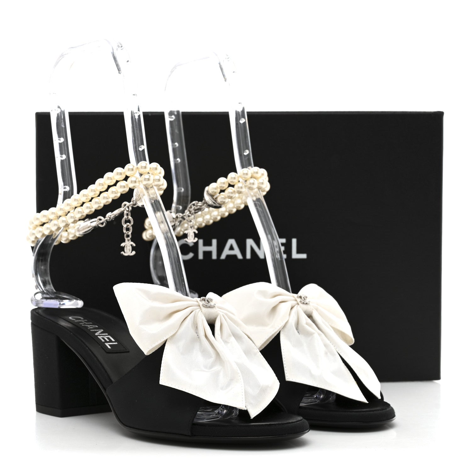 Chanel Silk Pearl Ankle Strap Sandals 37 Black White 1801080