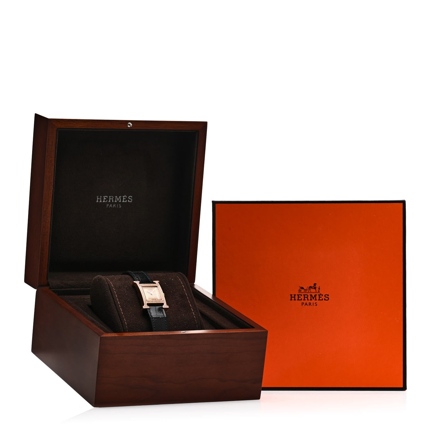 Hermes 18K Rose Gold Alligator Diamond Pave 21mm Heure H Hour Quartz Watch Noir 5 of 5
