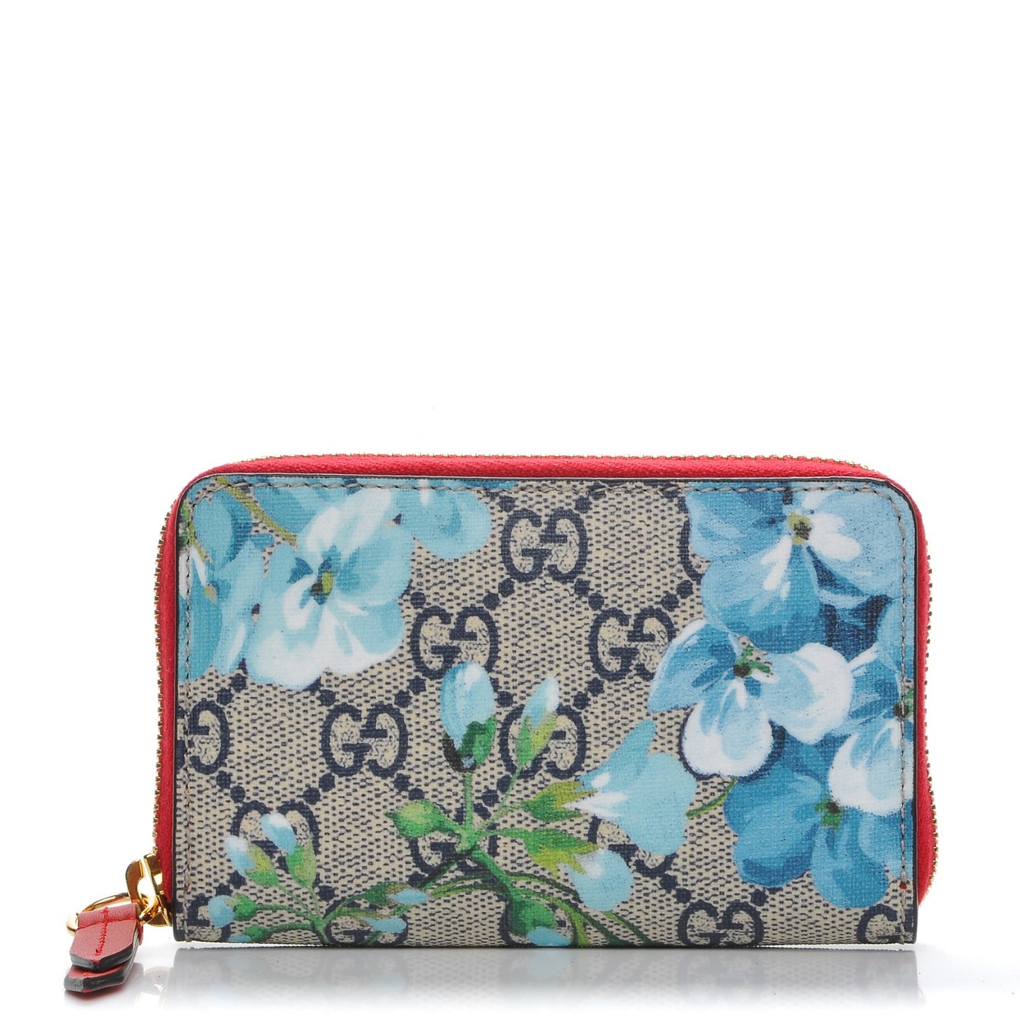 GG Supreme Monogram Blooms Zip Around Card Case Wallet Beige Blue Navy Hibiscus Red