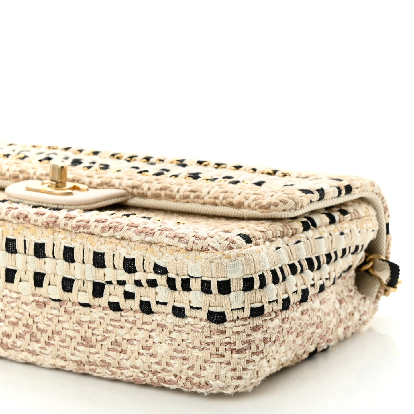 Cotton Raffia Lambskin Woven Medium Single Flap Beige Black