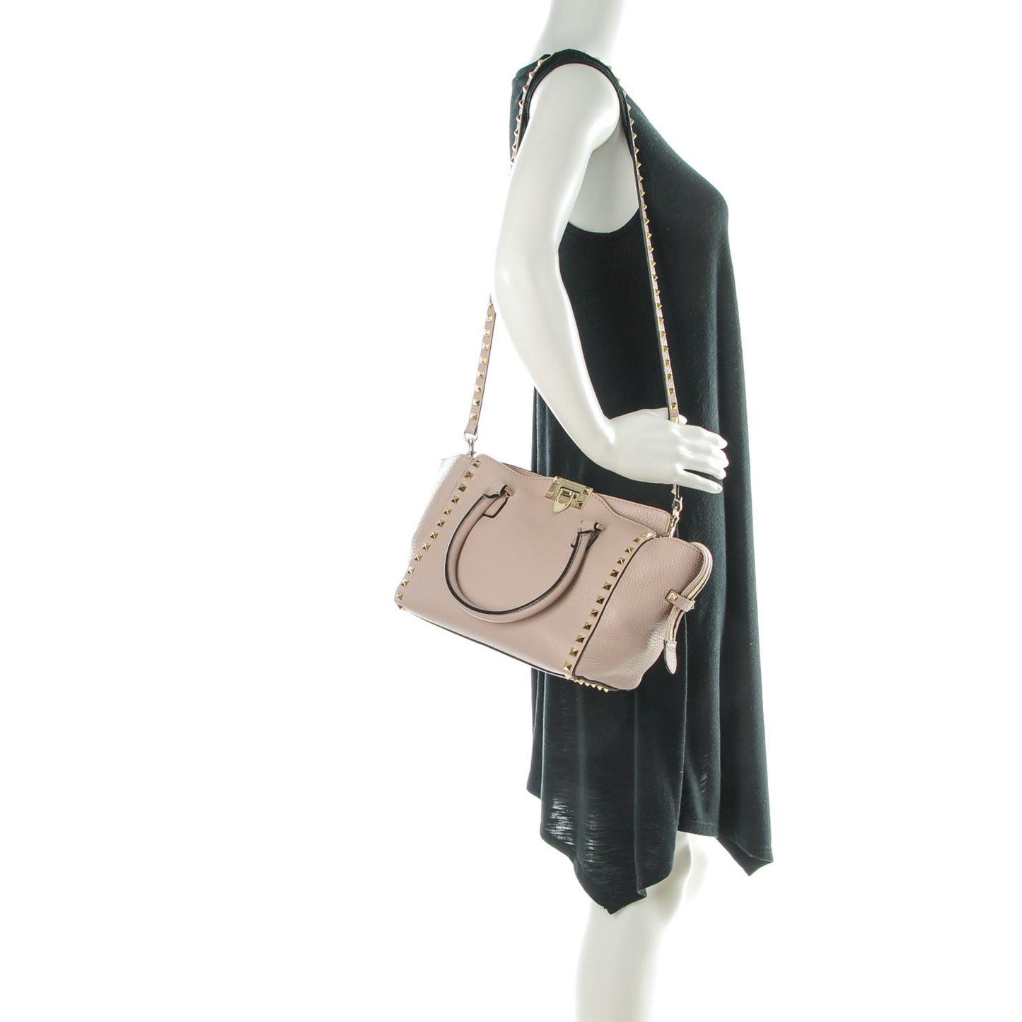 Grained Calfskin Small Rockstud Double Handle Tote Poudre