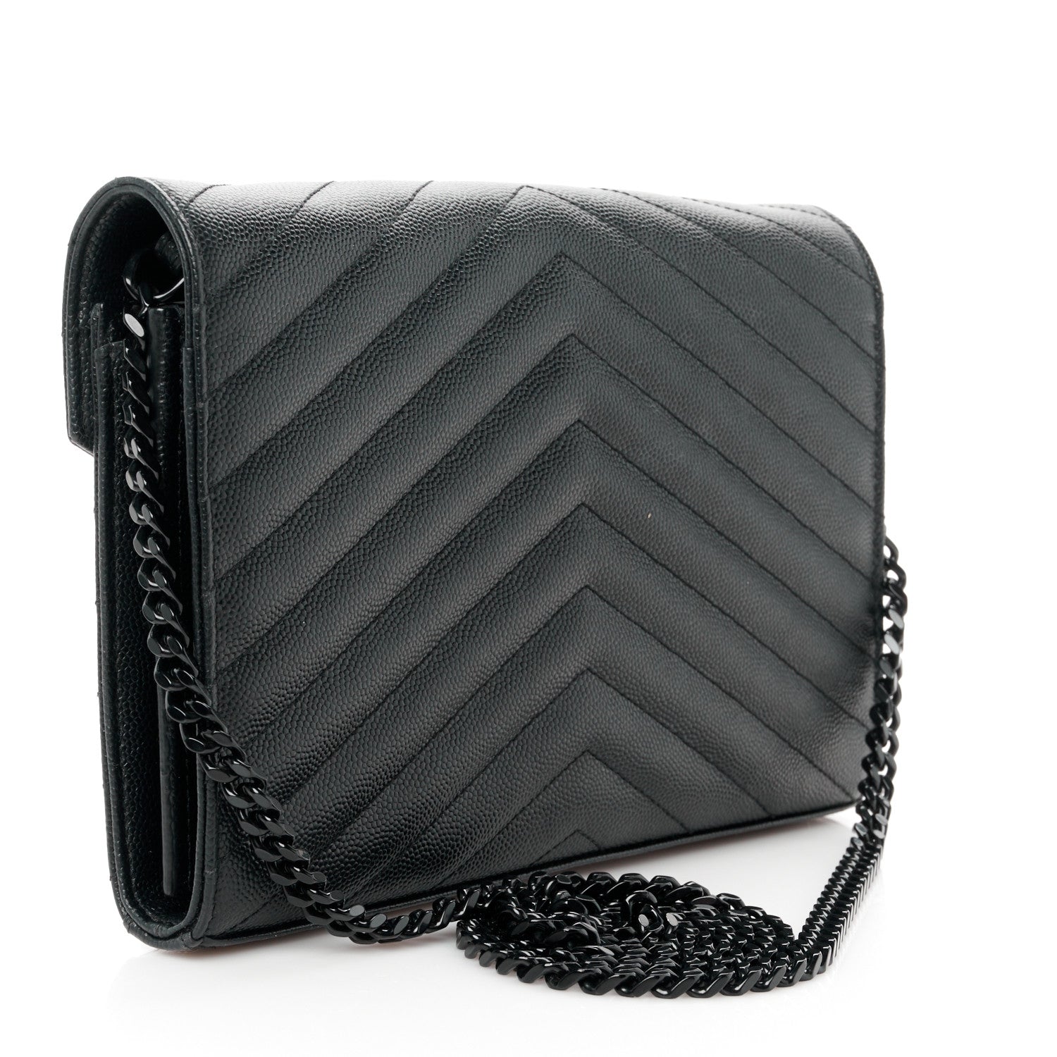 Saint Laurent Grain De Poudre Matelasse Chevron Monogram Monochrome Chain Wallet Black 3 of 10