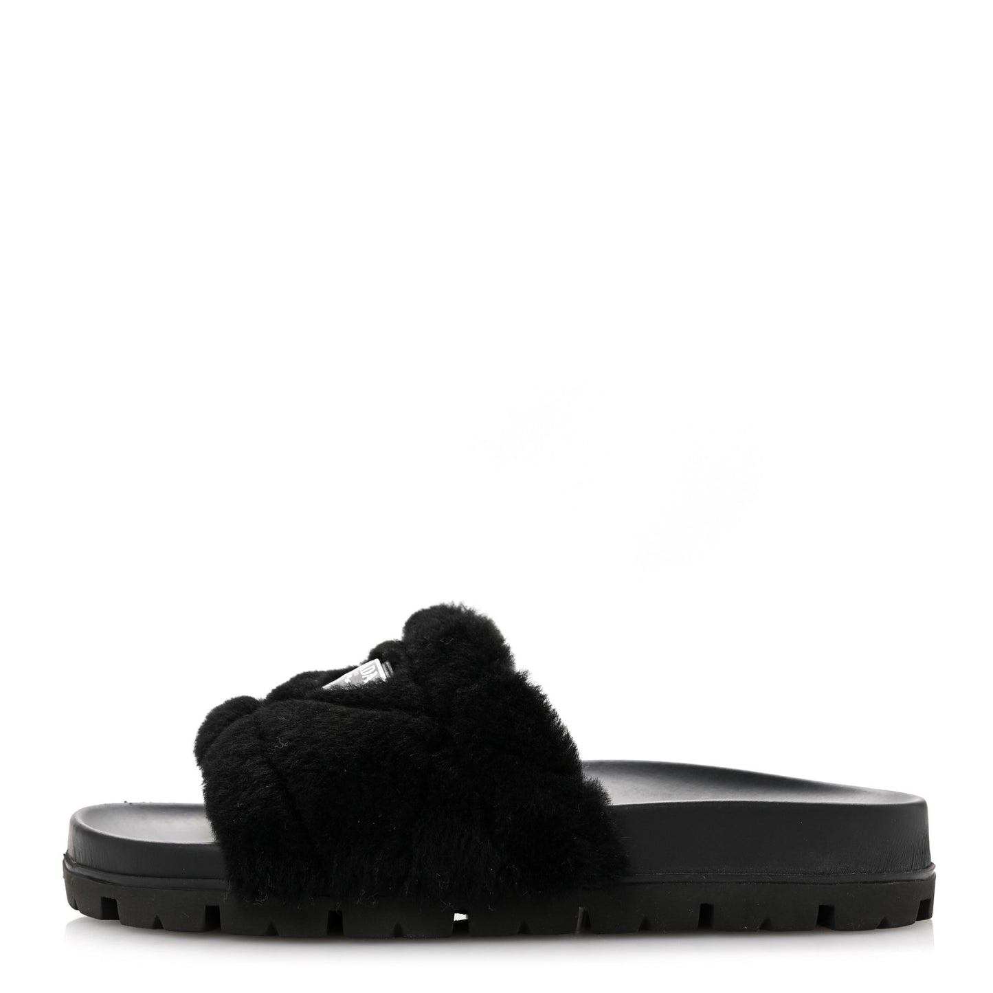 Shearling Metal Triangle Logo Lug Sole 20mm Slide Sandals 36.5 Black