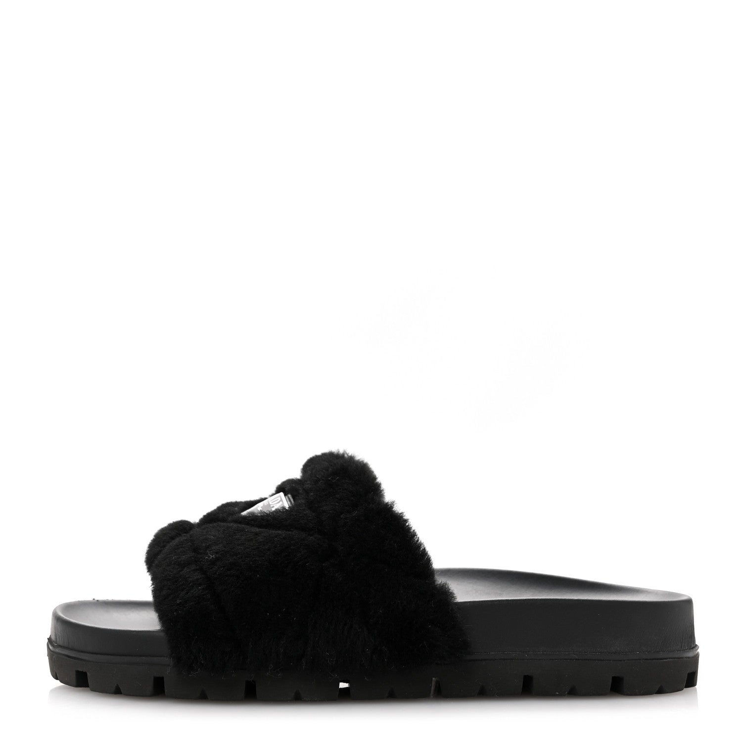 Prada Shearling Metal Triangle Logo Lug Sole 20mm Slide Sandals 36.5 Black 1 of 9