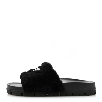 Prada Shearling Metal Triangle Logo Lug Sole 20mm Slide Sandals 36.5 Black 1 of 9