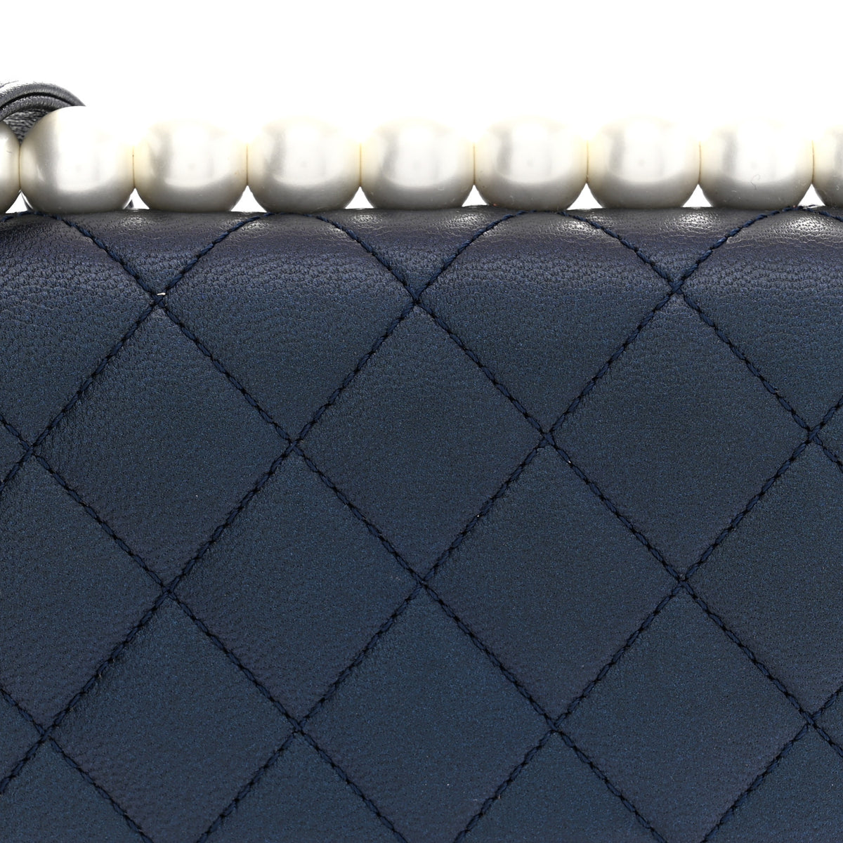 Iridescent Lambskin Quilted Chic Pearls Flap  Navy Blue