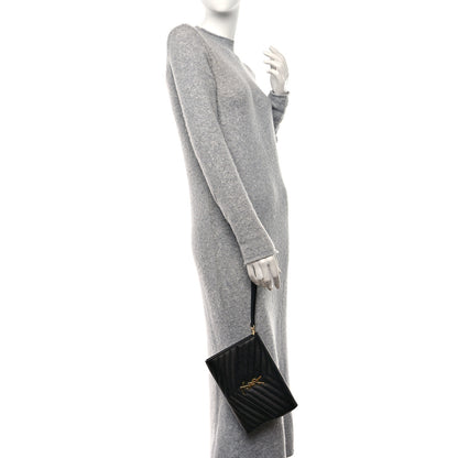 Saint Laurent Grain De Poudre Matelasse Chevron Monogram Envelope Clutch Black 2 of 9
