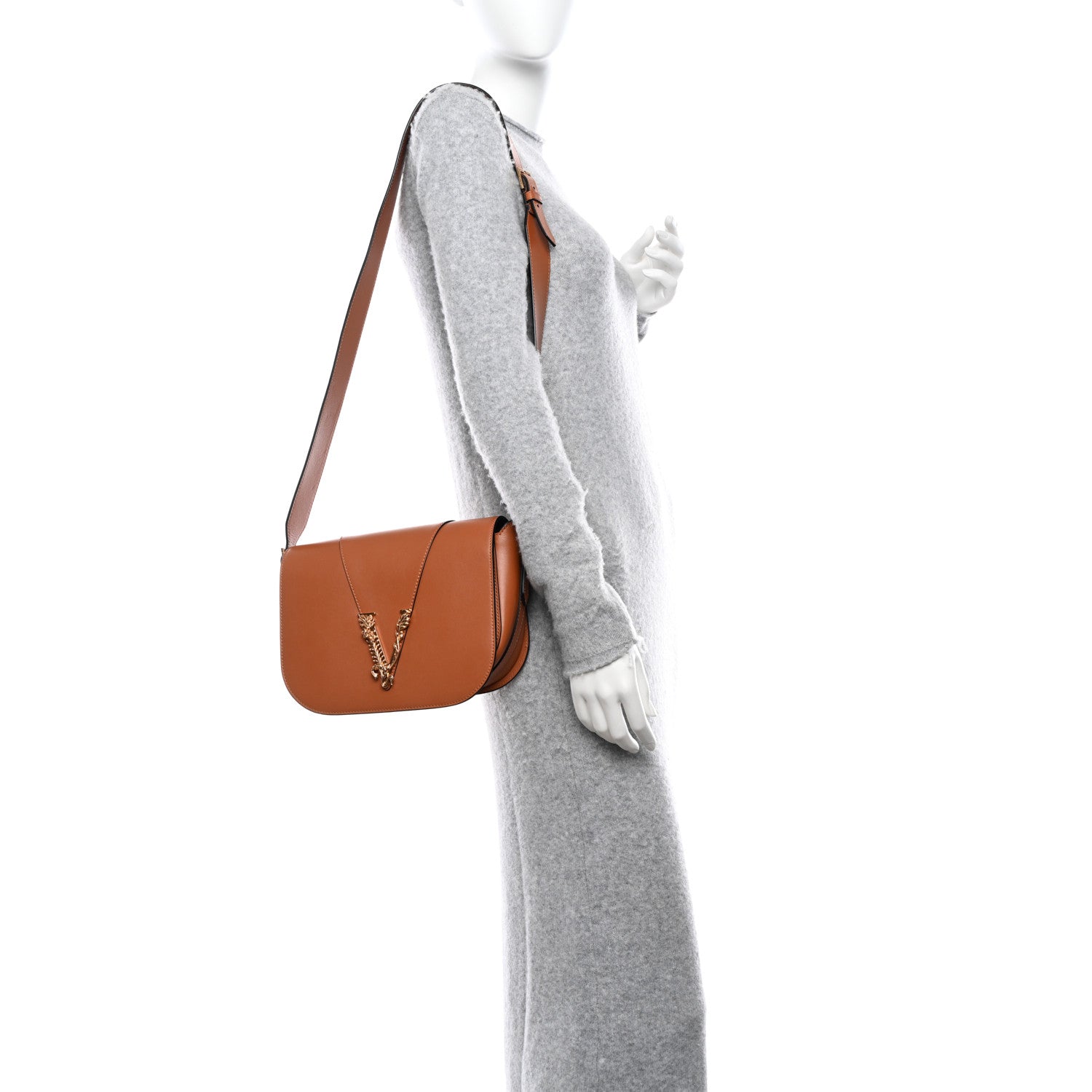 Versace Grained Calfskin Virtus Shoulder Bag Brown 2 of 14