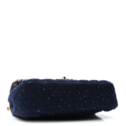 Chanel Tweed Sequin Timeless Classic Chained Double Flap Navy Blue 4 of 10