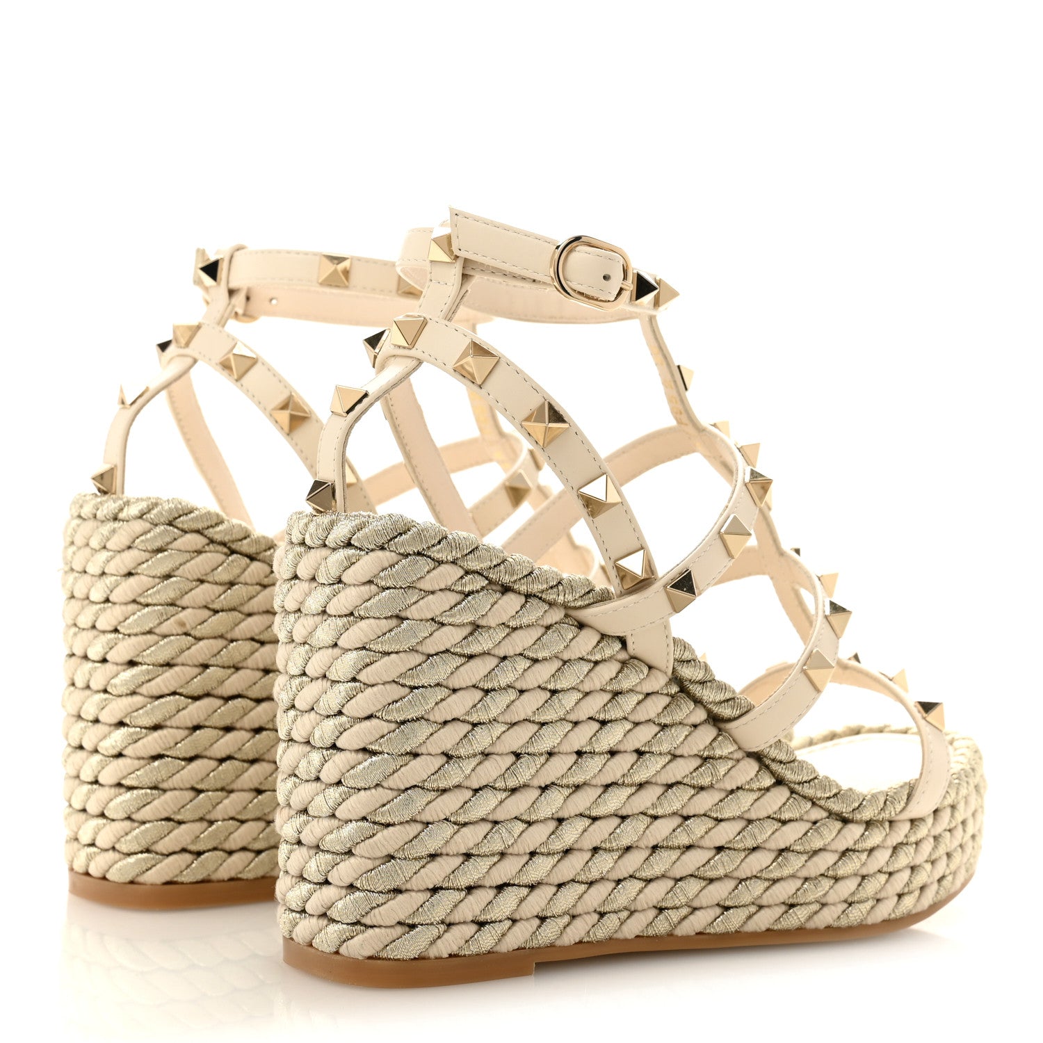 Valentino Garavani Calfskin Rockstud Ankle Strap Torchon Espadrille Caged 25/95mm Wedge Sandals 36 Light Ivory 5 of 12